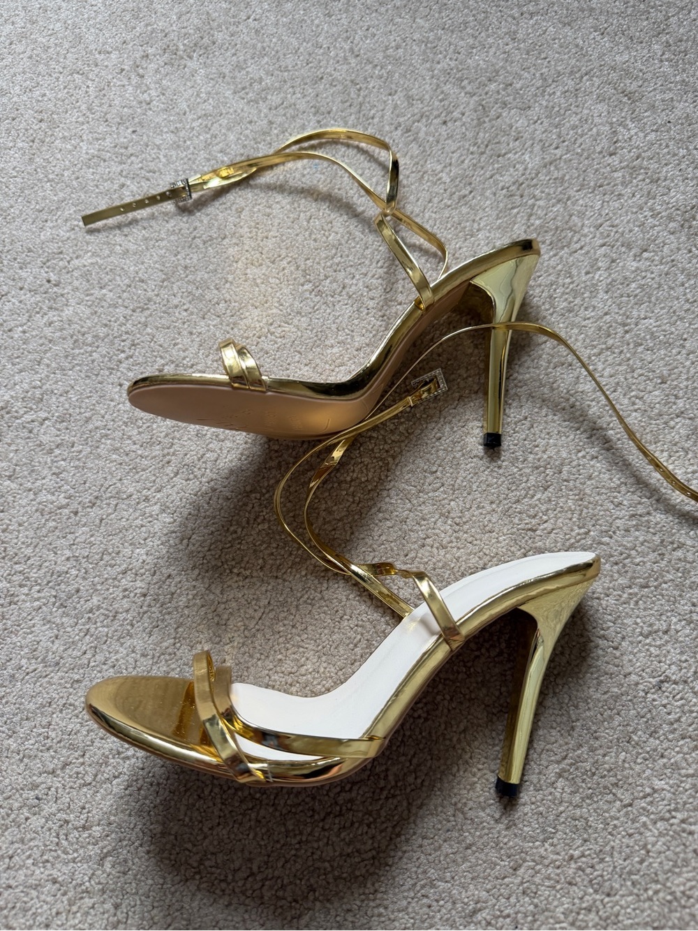 Gold Metallic Strappy Stiletto Heels Rhinestone Buckle Size 38 ( runs smaller)